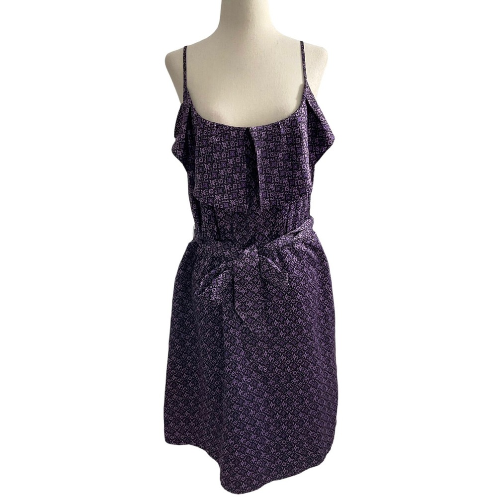 Gap Womens Large Purple Geometric Ruffle Tie Waist Spaghetti Strap Dress L |0246